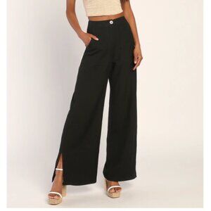 LULUS Women's Jet Stream Black High-Waisted Wide-Leg Pants - Medium